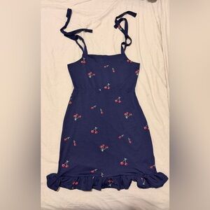 Navy Cherry Print Tie-Strap Summer Dress
